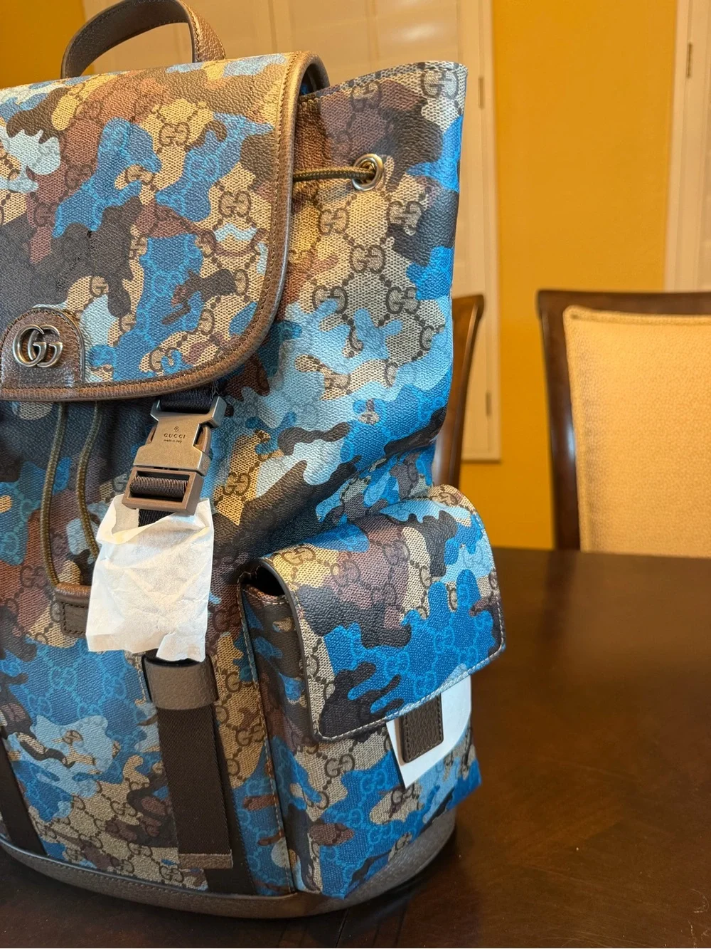 New Authentic Gucci GG Supreme Logo Blue Camo Backpack Tan Size Large